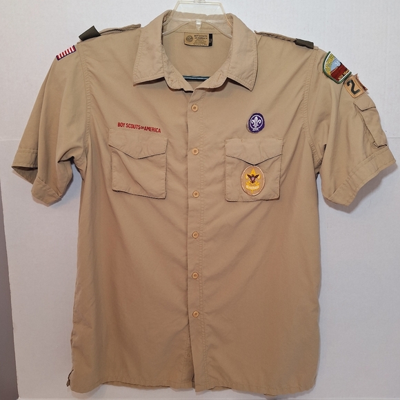 Vintage Boy Scouts Of America Uniform Shirt Adult Large Patches Be Prepared Tan - Picture 1 of 9